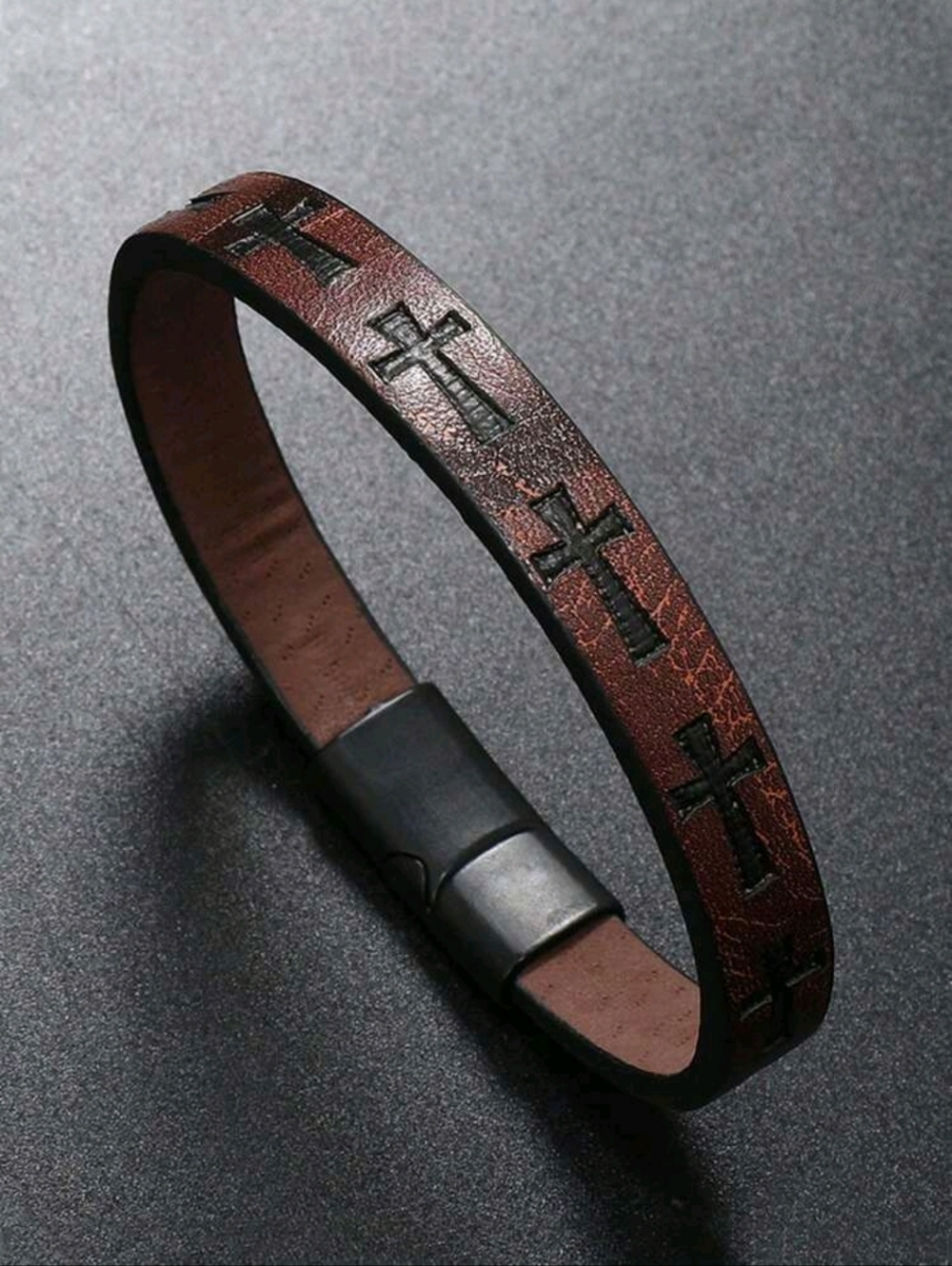 Leather Cross Engraved Bracelet - Brown